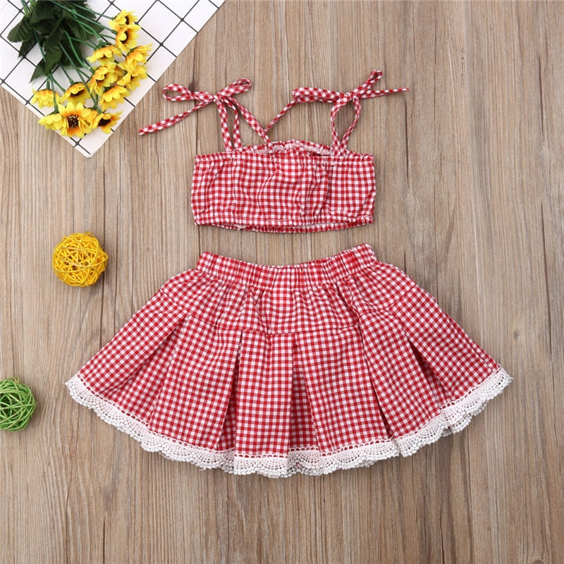 Kid Baby Girl Plaid Clothes Sets Sleeveless Strap Crop Top Shorts Skirts 2Pcs Outfit Set - ebowsos