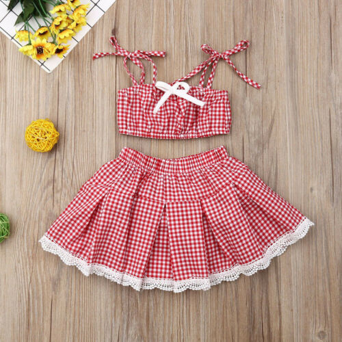 Kid Baby Girl Plaid Clothes Sets Sleeveless Strap Crop Top Shorts Skirts 2Pcs Outfit Set - ebowsos