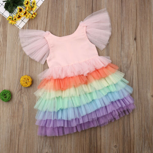 Kid Baby Girl Tulle Rainbow Party Pageant Princess Dresses Bridesmaid Gown Dress Costume - ebowsos