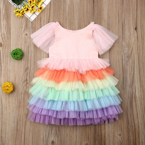 Kid Baby Girl Tulle Rainbow Party Pageant Princess Dresses Bridesmaid Gown Dress Costume - ebowsos