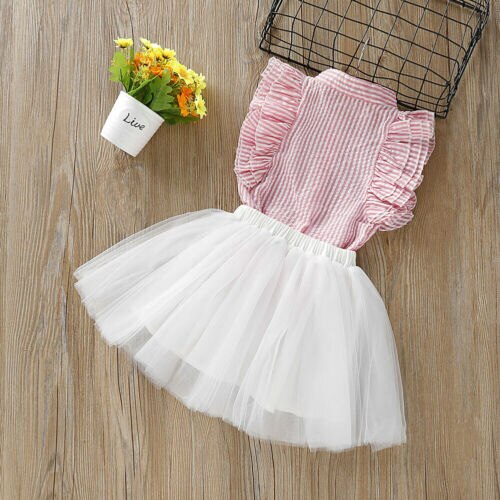 Kid Baby Girls Clothes T-shirt Sleeveless Tops Tutu Lace Tulle Mini Skirt 2Pcs - ebowsos