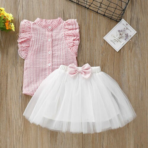 Kid Baby Girls Clothes T-shirt Sleeveless Tops Tutu Lace Tulle Mini Skirt 2Pcs - ebowsos