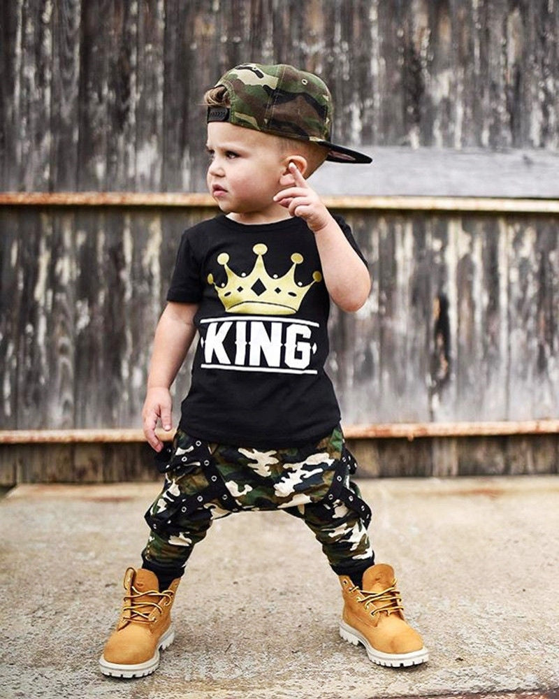 Kid Short sleeve King Print T shirt Top and Camouflage Pants Set For Toddler and Baby Boys Clothes - ebowsos