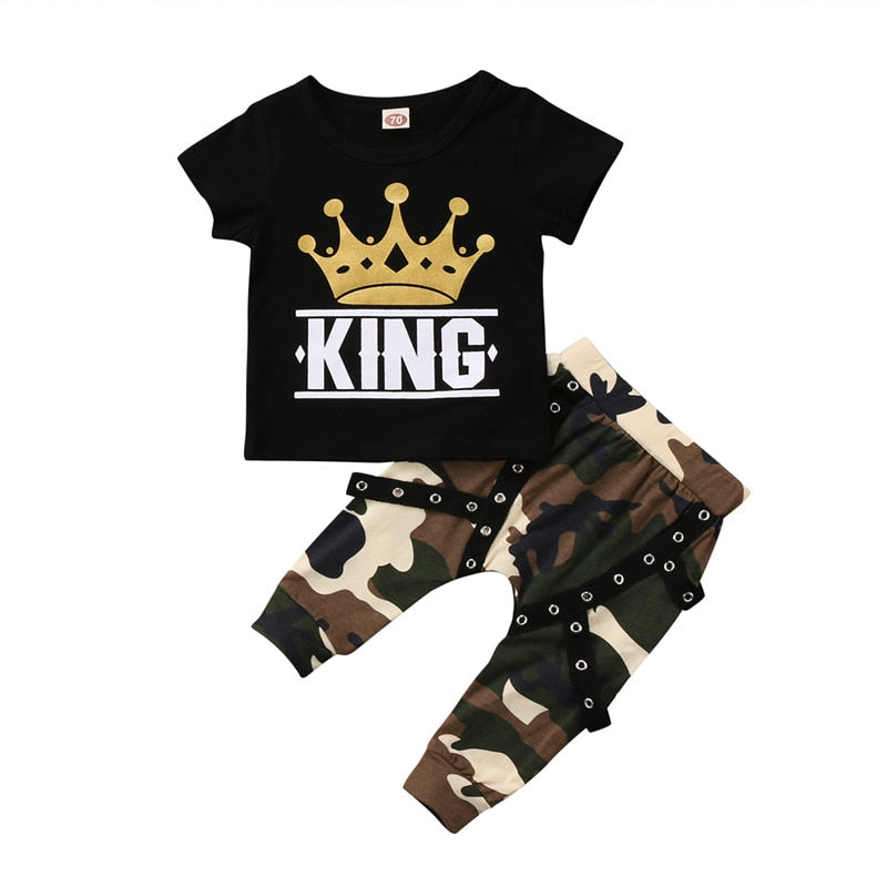 Kid Short sleeve King Print T shirt Top and Camouflage Pants Set For Toddler and Baby Boys Clothes - ebowsos