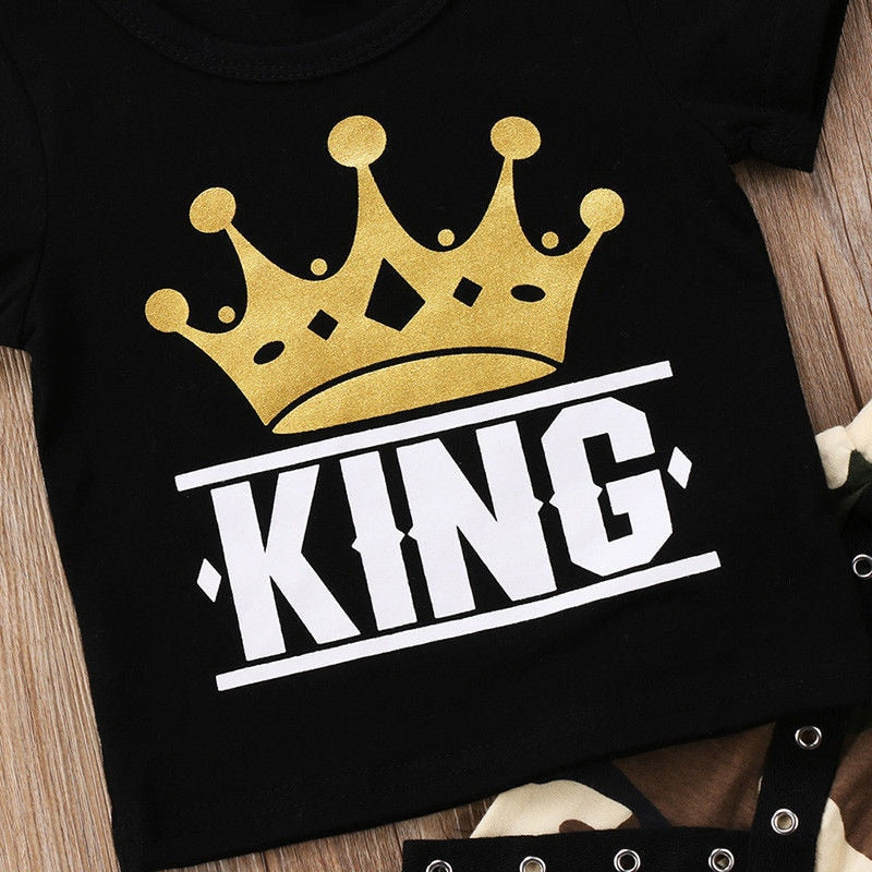 Kid Short sleeve King Print T shirt Top and Camouflage Pants Set For Toddler and Baby Boys Clothes - ebowsos