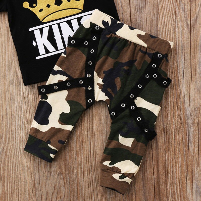 Kid Short sleeve King Print T shirt Top and Camouflage Pants Set For Toddler and Baby Boys Clothes - ebowsos