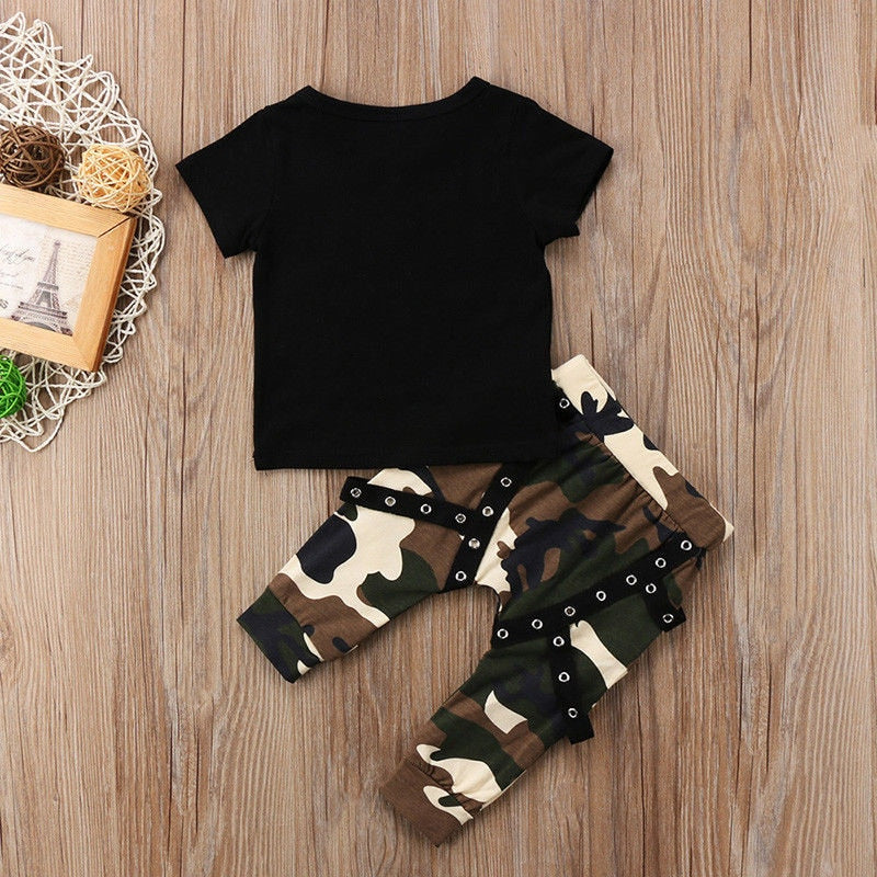 Kid Short sleeve King Print T shirt Top and Camouflage Pants Set For Toddler and Baby Boys Clothes - ebowsos