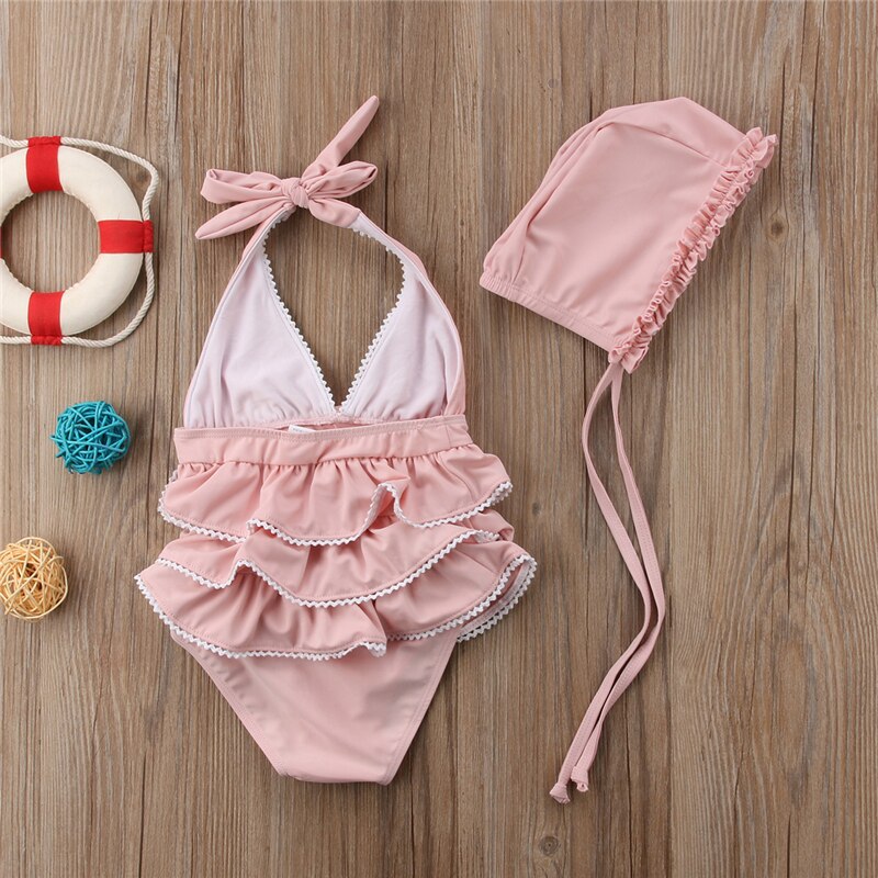 Kids 3PCS Girls Clothing Ruffle Swimsuit Bikini Set Beachwear Swimwear Hat Backless Cute Clothes Girl 1-6T - ebowsos