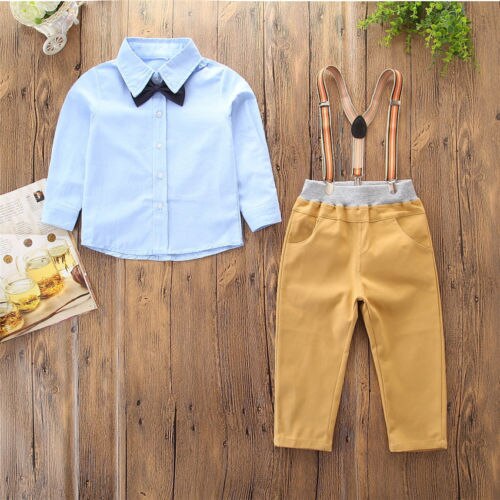 Kids Baby Boy Gentleman Bow Tie Long Sleeve Shirt Tops+Pants Party Formal Set Clothes 2pcs - ebowsos