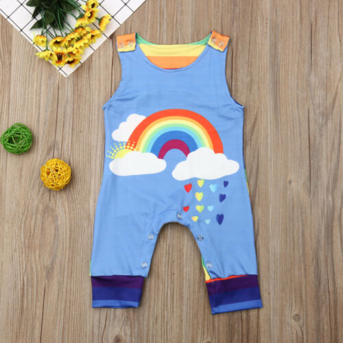 Kids Baby Boy Girl Sleeveless Rainbow Cotton Romper Jumpsuit Outfits Summer Clothes - ebowsos