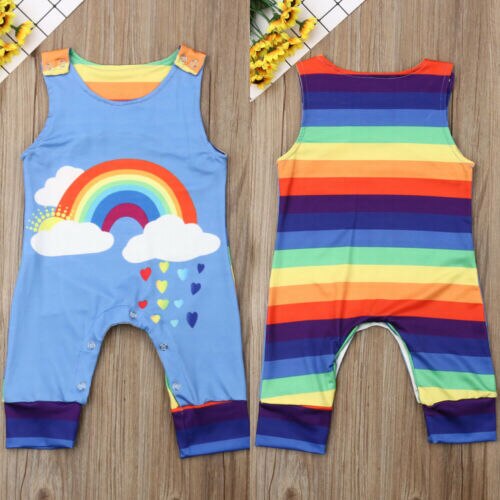 Kids Baby Boy Girl Sleeveless Rainbow Cotton Romper Jumpsuit Outfits Summer Clothes - ebowsos