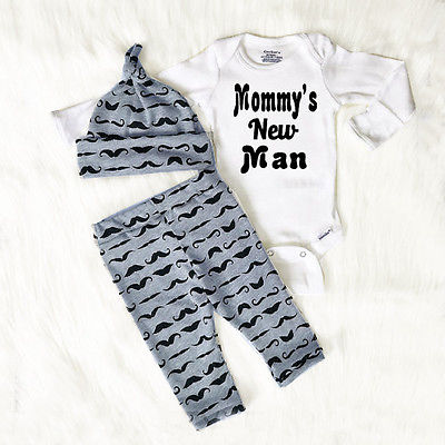 Kids Baby Boy Romper Tops Long Sleeve Cotton+Long Pants Hat Outfits Clothes 0-18M 3PCS Set - ebowsos