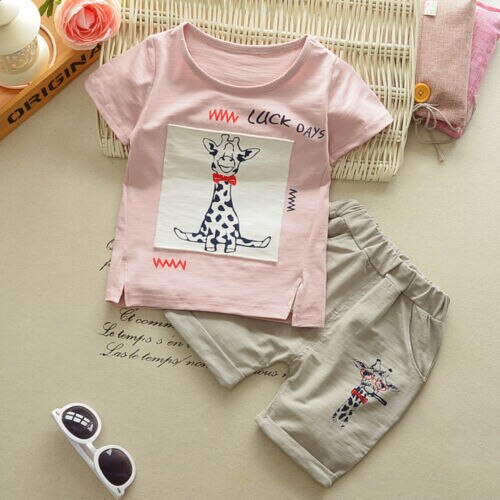 Kids Baby Boys Clothes Giraffe Print T-shirt Shorts Pants 2Pcs Cartoon Outfit - ebowsos