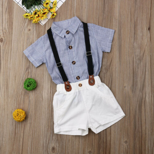 Kids Baby Boys Formal Gentleman Suit Suspender Pants T-shirts Outfit Clothes Set - ebowsos