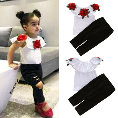 Kids Baby Girl Clothes Flower Tops Ruffle T-shirt Solid Pant 2PCS Sunsuit - ebowsos