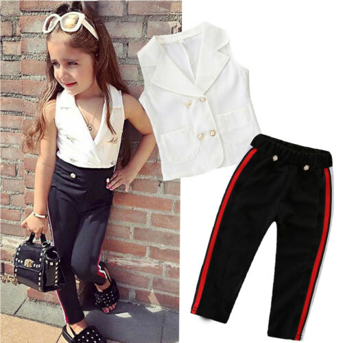 Kids Baby Girl Infant Clothes Sleeveless T-shirt Top Pants Outfit Sets Tracksuit 1-7Y - ebowsos