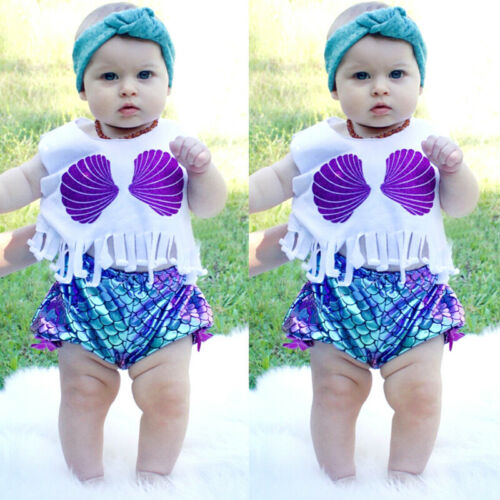 Kids Baby Girl Mermaid Clothes Sleeveless Tassel Vest Tops Shorts Pant 2PCS Outfits Summer Clothing Set - ebowsos