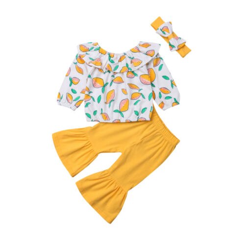 Kids Baby Girl Off Shoulder Lemon Long Sleeve Tops+Flared Pants+Headband 3Pcs Suit Cute Girl Clothes 1-6Y - ebowsos