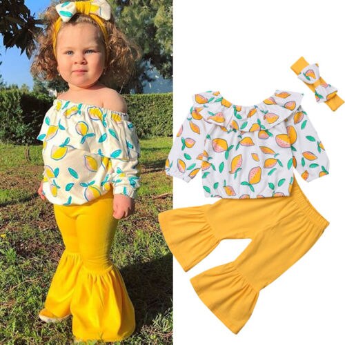 Kids Baby Girl Off Shoulder Lemon Long Sleeve Tops+Flared Pants+Headband 3Pcs Suit Cute Girl Clothes 1-6Y - ebowsos