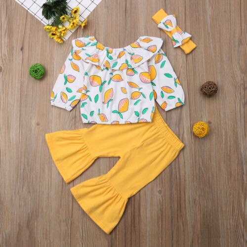 Kids Baby Girl Off Shoulder Lemon Long Sleeve Tops+Flared Pants+Headband 3Pcs Suit Cute Girl Clothes 1-6Y - ebowsos