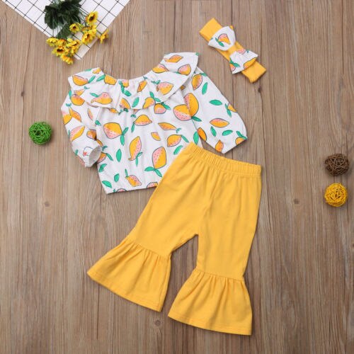 Kids Baby Girl Off Shoulder Lemon Long Sleeve Tops+Flared Pants+Headband 3Pcs Suit Cute Girl Clothes 1-6Y - ebowsos