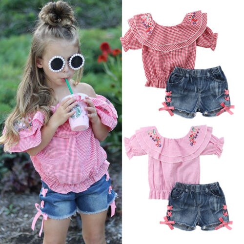 Kids Baby Girl Off shoulder Embroidery Flower Plaid Tops+Denim Shorts Jeans 2PCS Outfits Clothing Set - ebowsos