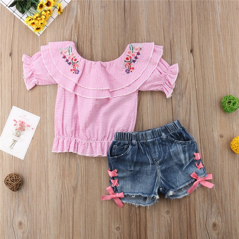 Kids Baby Girl Off shoulder Embroidery Flower Plaid Tops+Denim Shorts Jeans 2PCS Outfits Clothing Set - ebowsos