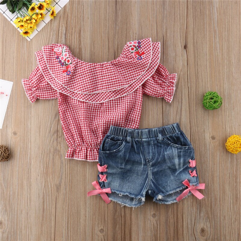 Kids Baby Girl Off shoulder Embroidery Flower Plaid Tops+Denim Shorts Jeans 2PCS Outfits Clothing Set - ebowsos