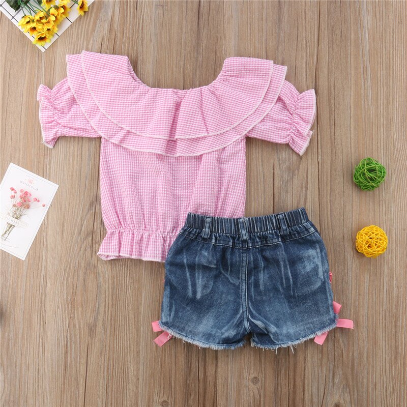 Kids Baby Girl Off shoulder Embroidery Flower Plaid Tops+Denim Shorts Jeans 2PCS Outfits Clothing Set - ebowsos