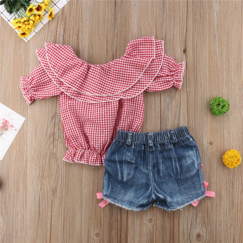 Kids Baby Girl Off shoulder Embroidery Flower Plaid Tops+Denim Shorts Jeans 2PCS Outfits Clothing Set - ebowsos