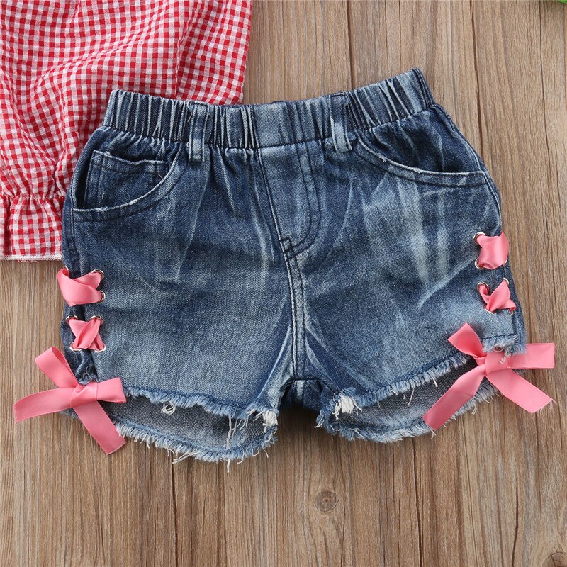 Kids Baby Girl Off shoulder Embroidery Flower Plaid Tops+Denim Shorts Jeans 2PCS Outfits Clothing Set - ebowsos