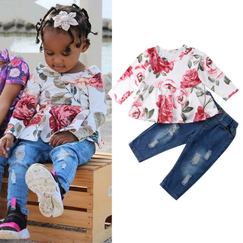 Kids Baby Girl Outfit Clothes Long Sleeve T-Shirt Tops+Jeans Pants - ebowsos