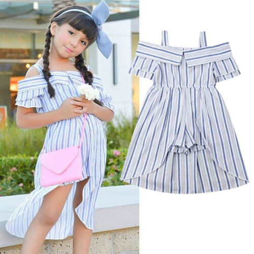 Kids Baby Girl  Striped Dresses Clothes Summer Off Shoulder Dress - ebowsos