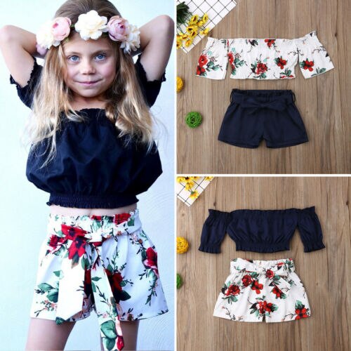 Kids Baby Girl Summer Clothes Flower Crop Top+Shorts Pants Outfits Set - ebowsos