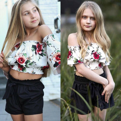 Kids Baby Girl Summer Clothes Flower Crop Top+Shorts Pants Outfits Set - ebowsos