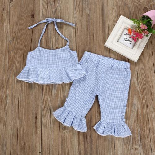 Kids Baby Girl Summer Clothes Sets Stripe Ruffle Halter Tops Vest Flared Pants Cotton Casual 2PCS Outfit Set Girls 6M-5T - ebowsos