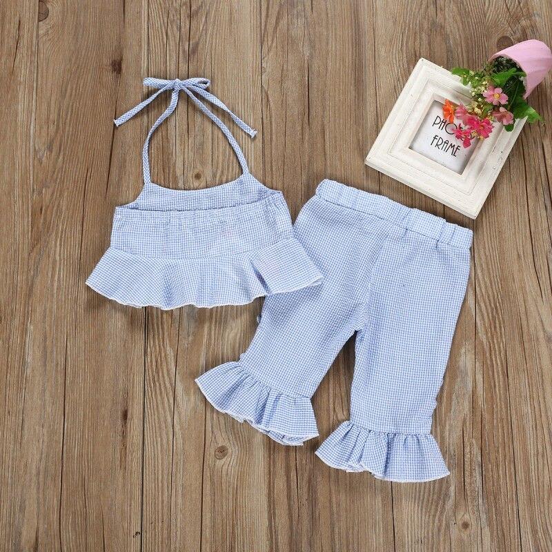 Kids Baby Girl Summer Clothes Sets Stripe Ruffle Halter Tops Vest Flared Pants Cotton Casual 2PCS Outfit Set Girls 6M-5T - ebowsos