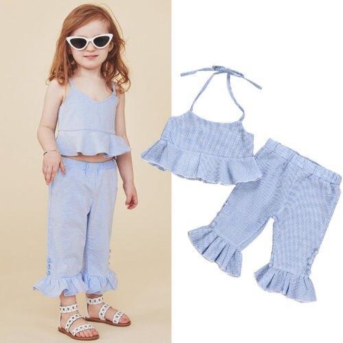 Kids Baby Girl Summer Clothes Sets Stripe Ruffle Halter Tops Vest Flared Pants Cotton Casual 2PCS Outfit Set Girls 6M-5T - ebowsos