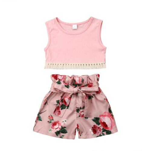 Kids Baby Girl Tassel Summer Fashion Clothes Sleeveless Vest Tops Floral Shorts Pants Outfits Sunsuit - ebowsos