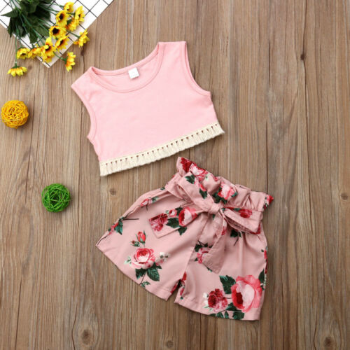 Kids Baby Girl Tassel Summer Fashion Clothes Sleeveless Vest Tops Floral Shorts Pants Outfits Sunsuit - ebowsos