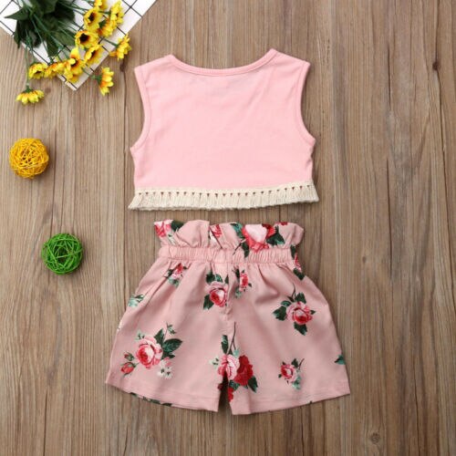 Kids Baby Girl Tassel Summer Fashion Clothes Sleeveless Vest Tops Floral Shorts Pants Outfits Sunsuit - ebowsos