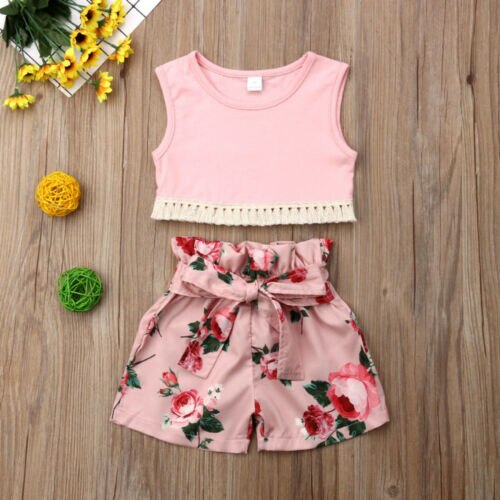 Kids Baby Girl Tassel Summer Fashion Clothes Sleeveless Vest Tops Floral Shorts Pants Outfits Sunsuit - ebowsos