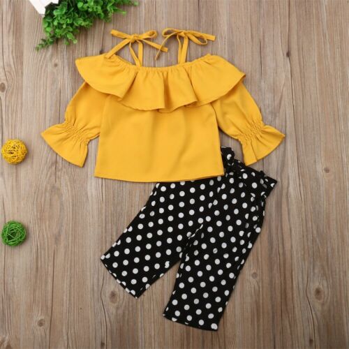 Kids Baby Girls 2Pcs Ruffle Solid Off Shoulder Top Long Pants Outfit Summer Clothes - ebowsos