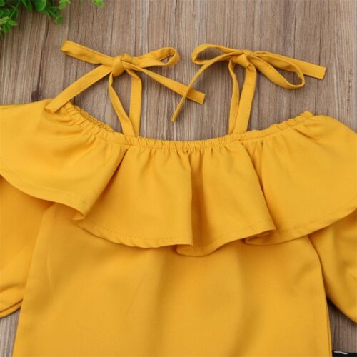 Kids Baby Girls 2Pcs Ruffle Solid Off Shoulder Top Long Pants Outfit Summer Clothes - ebowsos