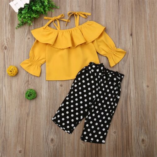 Kids Baby Girls 2Pcs Ruffle Solid Off Shoulder Top Long Pants Outfit Summer Clothes - ebowsos