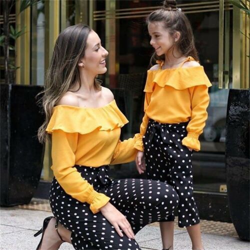 Kids Baby Girls 2Pcs Ruffle Solid Off Shoulder Top Long Pants Outfit Summer Clothes - ebowsos