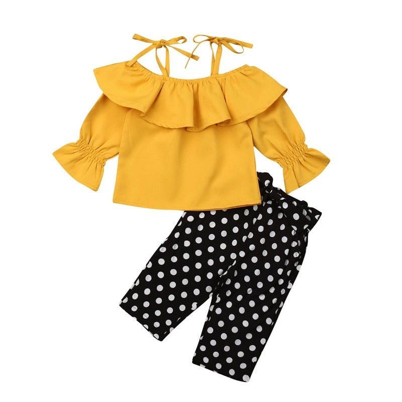 Kids Baby Girls 2Pcs Ruffle Solid Off Shoulder Top Long Pants Outfit Summer Clothes - ebowsos