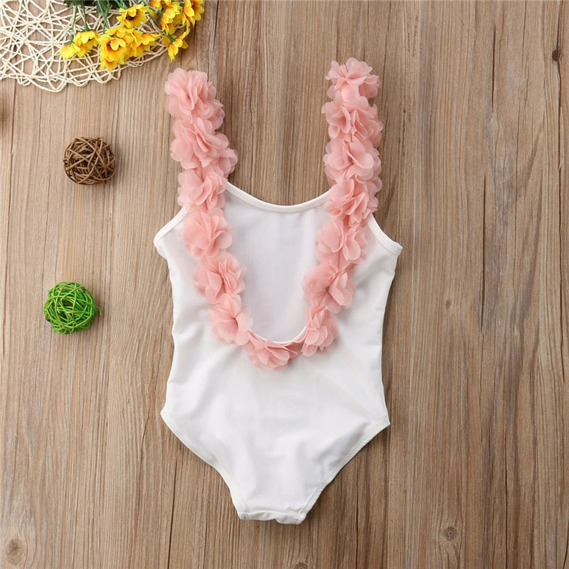 Kids Baby Girls 3D Floral Solid Backless Swimwear Swimsuits Beachwear Backless One Piece Outfit 2-7T - ebowsos