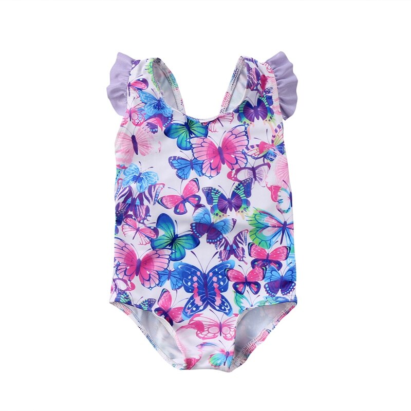 Kids Baby Girls Butterfly Printed Flying Sleeves Swimwear Swimming Costume One Piece Swimsuit - ebowsos