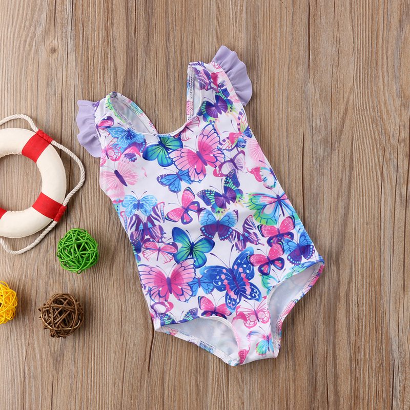 Kids Baby Girls Butterfly Printed Flying Sleeves Swimwear Swimming Costume One Piece Swimsuit - ebowsos